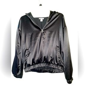 Forever 21 Cropped Black Satin Hoodie